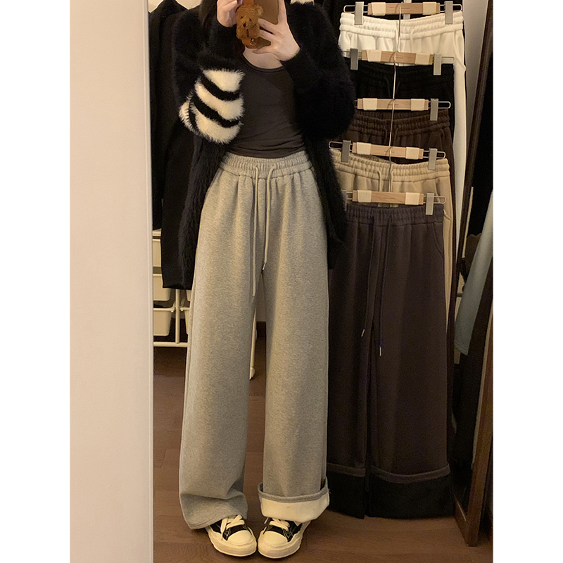 Actual shot of 2023 casual sweatpants winter plus velvet elastic waist slimming straight loose wide leg pants for women