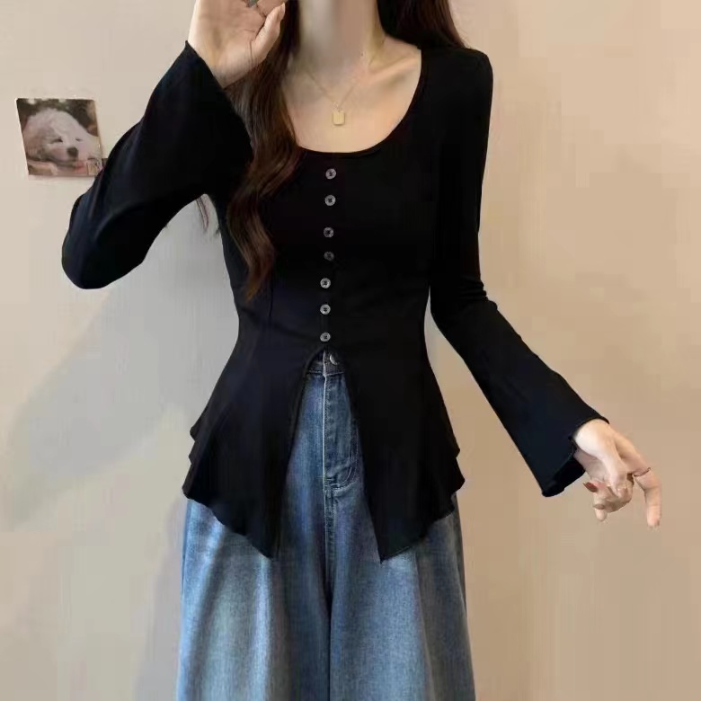 Early spring new sweet age-reducing breasted slit hem slim bell long-sleeved tops spring and autumn knitted tops for women