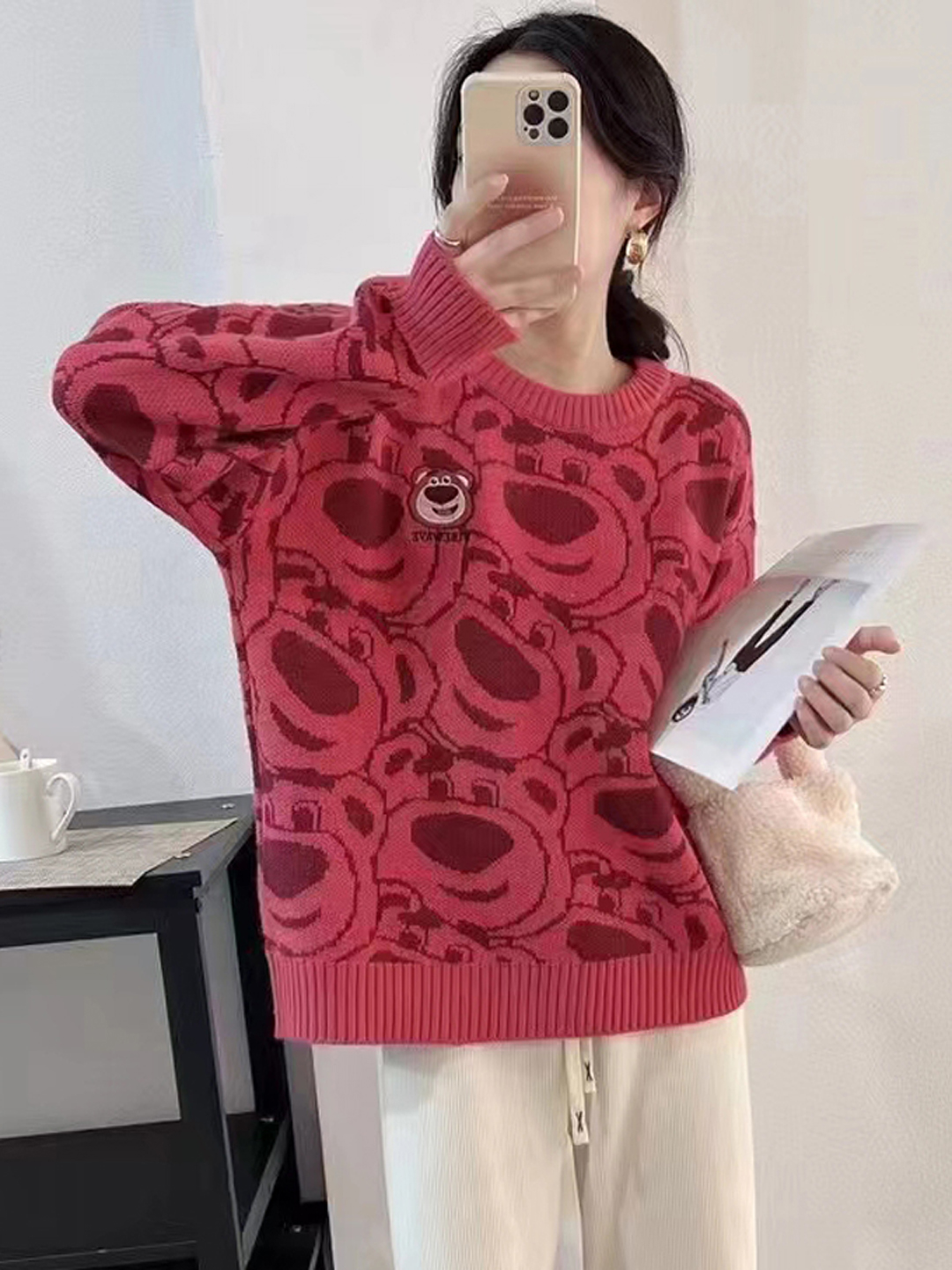 2023新年新款甜美提花刺繡草霉熊秋冬套頭針織衫女百搭毛衣上衣女