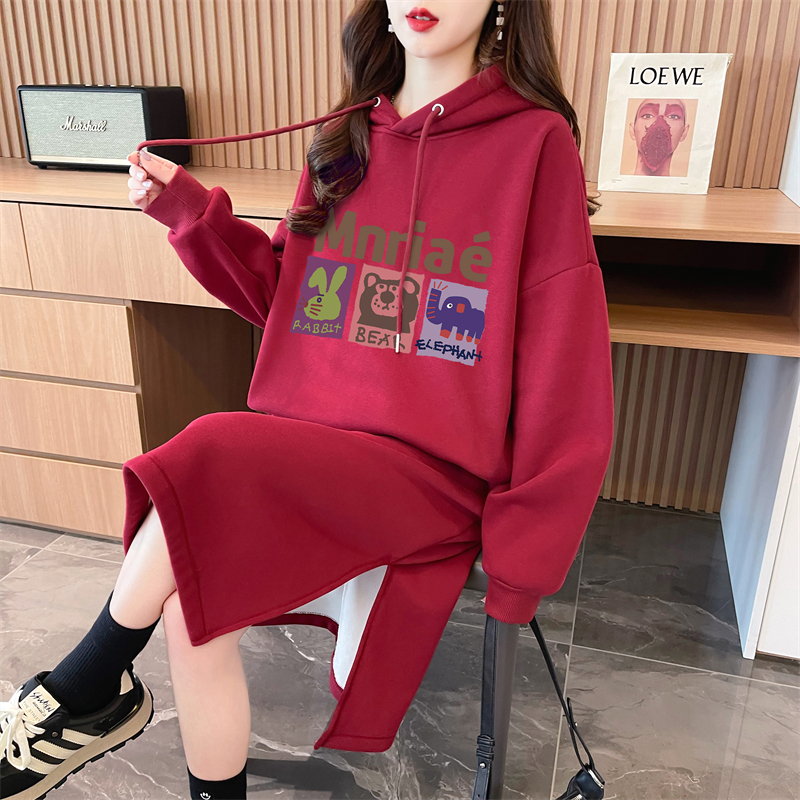實拍 秋冬韓版寬鬆華棉複合400克連帽印花過膝連衣裙加絨衛衣女
