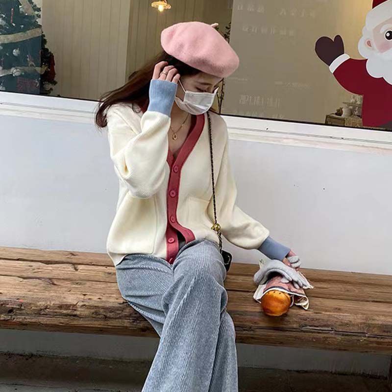 早初秋女裝年新款慵懶風高級設計感v領毛衣針織開衫氣質長袖