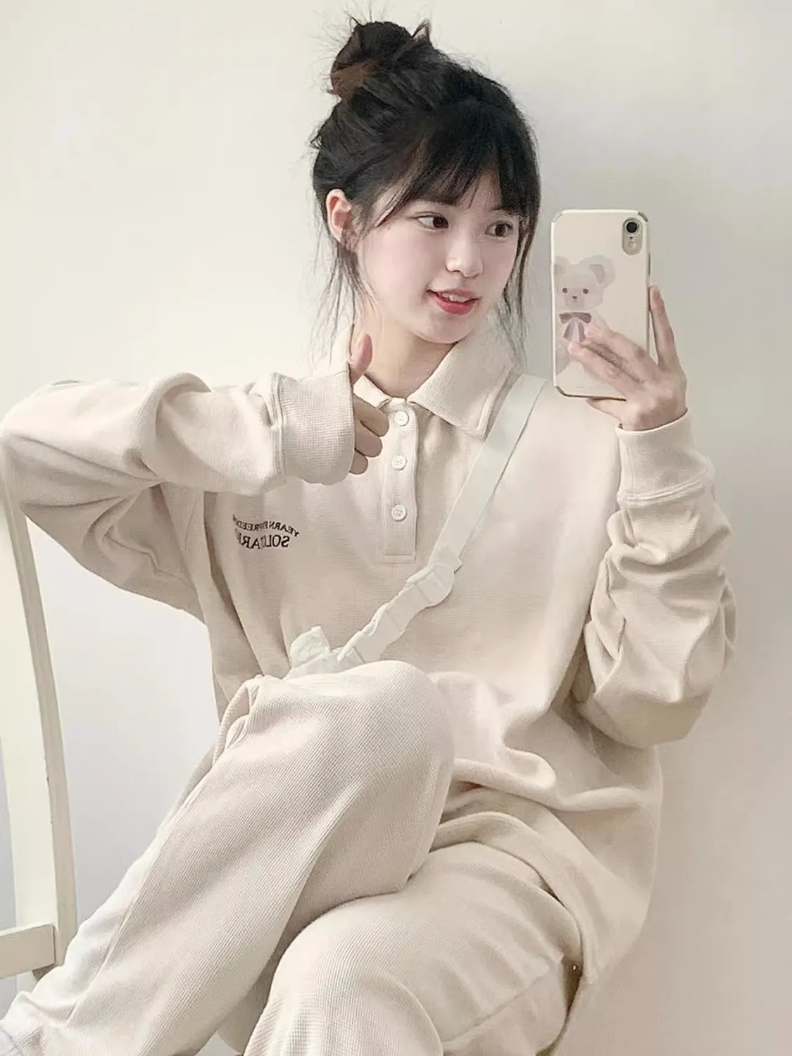 學院風運動服套裝女春秋鹽系炸街華夫格Polo領衛衣衛褲休閒兩件套