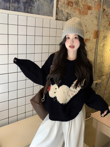 Real shot!  Japanese round neck Christmas cat pullover sweater new loose sweet versatile sweater top