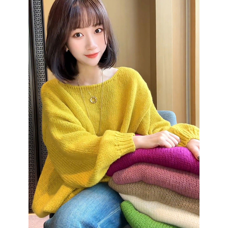 慵懶風軟糯高級感糖果色針織衫毛衣女秋新款寬鬆顯瘦長袖套頭百搭