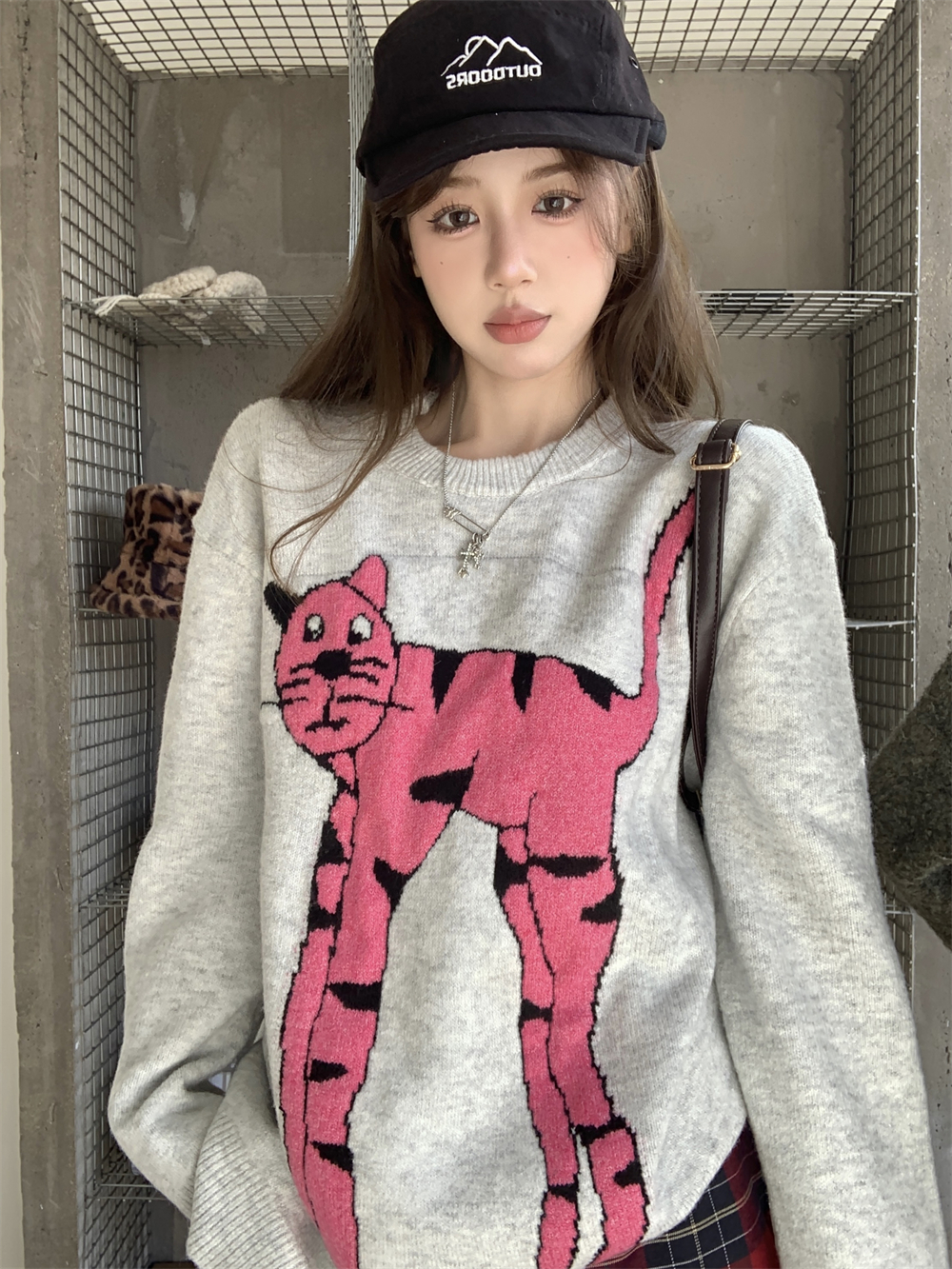 大碼韓版趣味貓咪圓領套頭慵懶風寬鬆顯瘦長袖針織毛衣