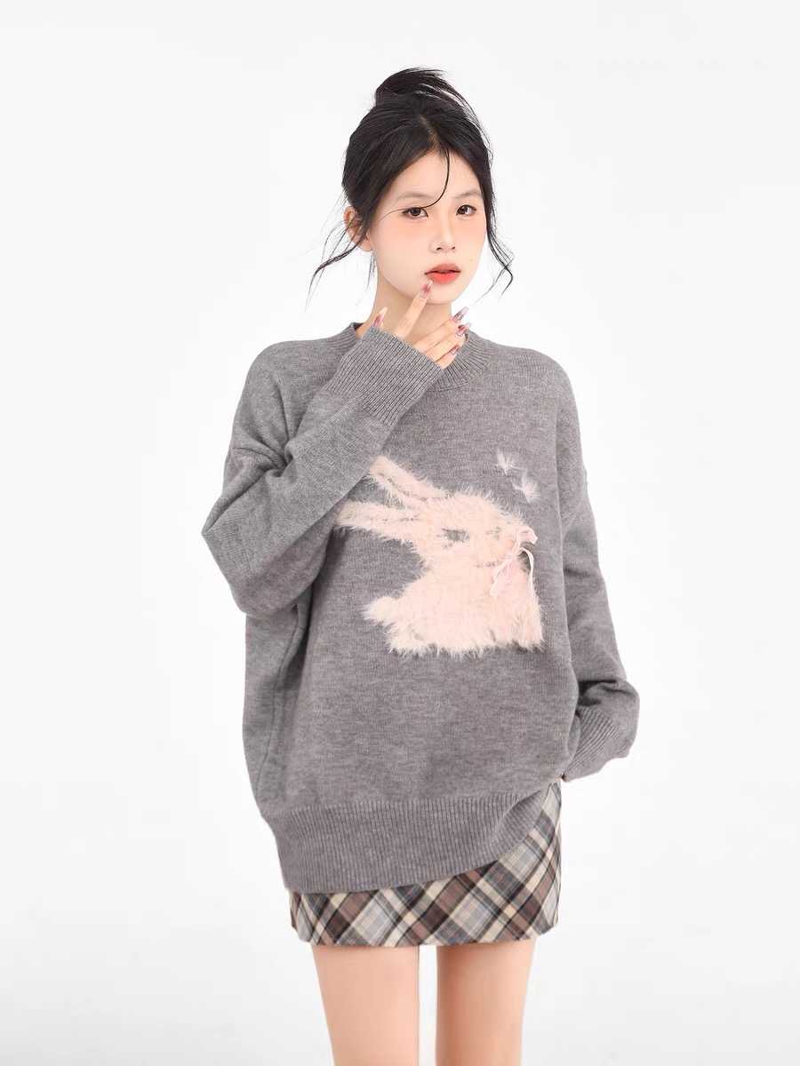 初夢POKEMENG 小奶兔 套頭毛衣針織衫女秋季長袖外穿寬鬆毛衣甜妹