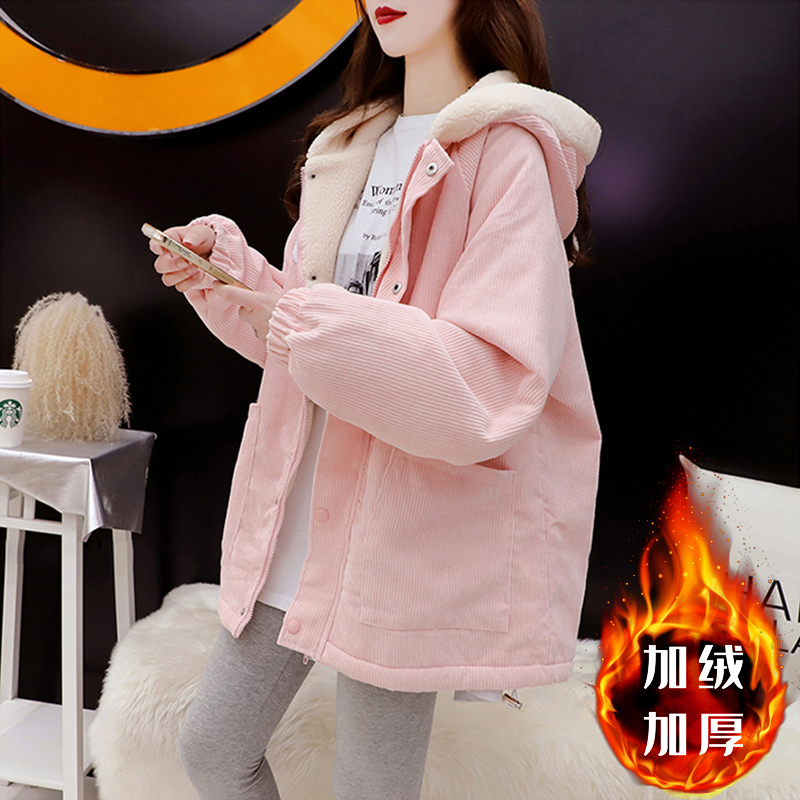 燈芯絨拼羊羔絨2023新款冬季加絨加厚連帽外套寬鬆衛衣女潮