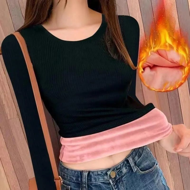 Winter thermal underwear for women, cold-proof plus velvet, round neck, long-sleeved, one-piece velvet bottoming shirt, women's thermal top XSWQ