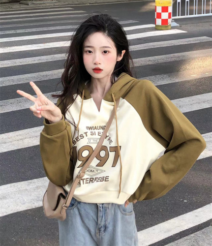 Real shot of sweet and spicy pure cotton contrasting color design versatile hooded sweatshirt with letter print ins versatile loose sweatshirt trendy