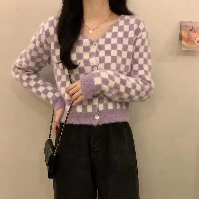秋冬新款韓版甜辣風小眾格子短款開衫毛衣外套女