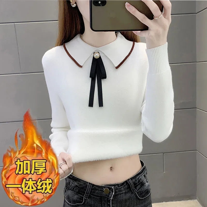 加厚保暖一體絨秋冬新款加絨毛衣女內搭打底衫百搭針織衫女上衣