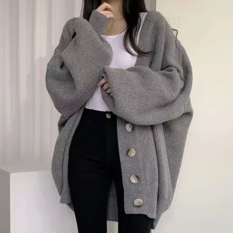 高級感慵懶風加厚大碼針織開衫女新款春秋冬韓版寬鬆短款毛衣外套