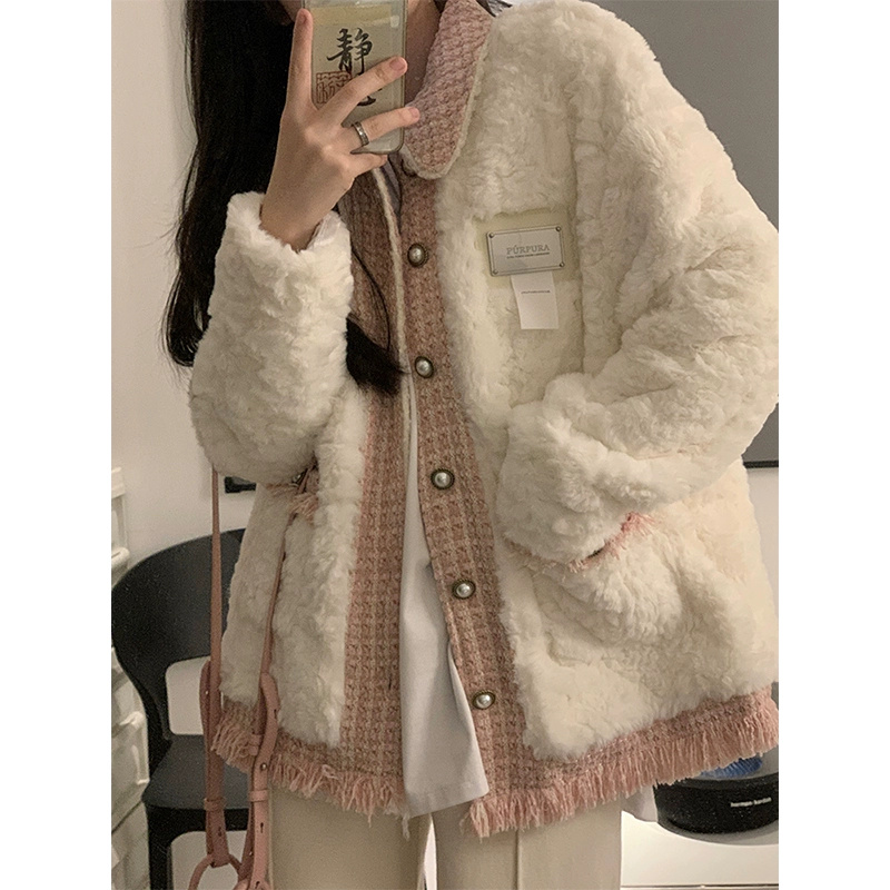 Eco-friendly fur autumn and winter new style pink small fragrance splicing high-end lamb wool coat women's short cotton coat rabbit velvet