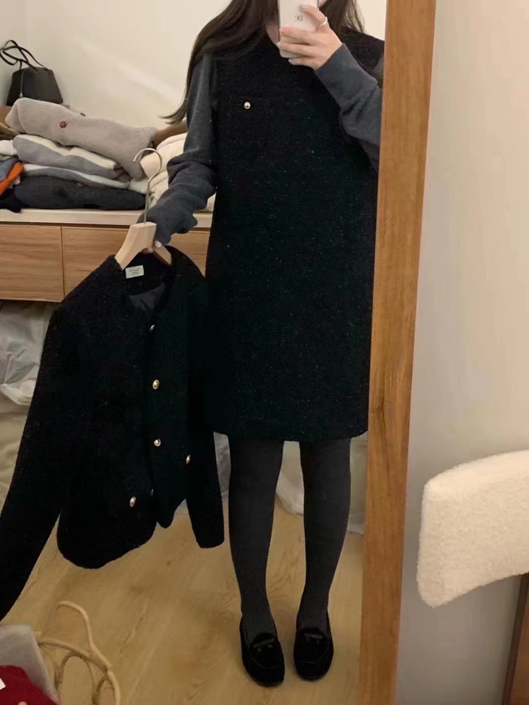 Winter Korean style loose round neck ladylike temperament, slim and versatile down-lined woolen jacket + vest dress
