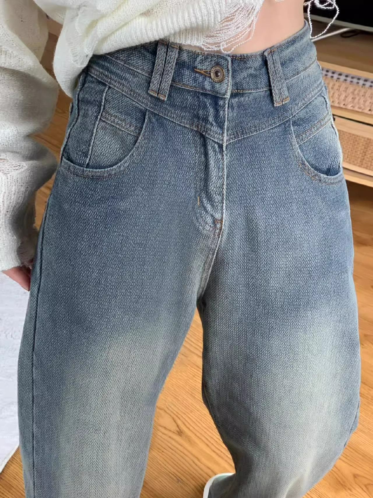 High-waisted wide-leg jeans straight-leg loose slimming niche starry sky pattern drape floor mopping pants