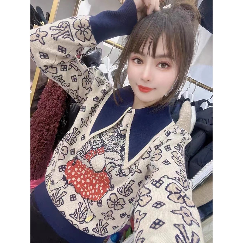 品質 今年流行歐貨印花燙鑽針織衫女秋冬氣質百搭打底衫毛衣