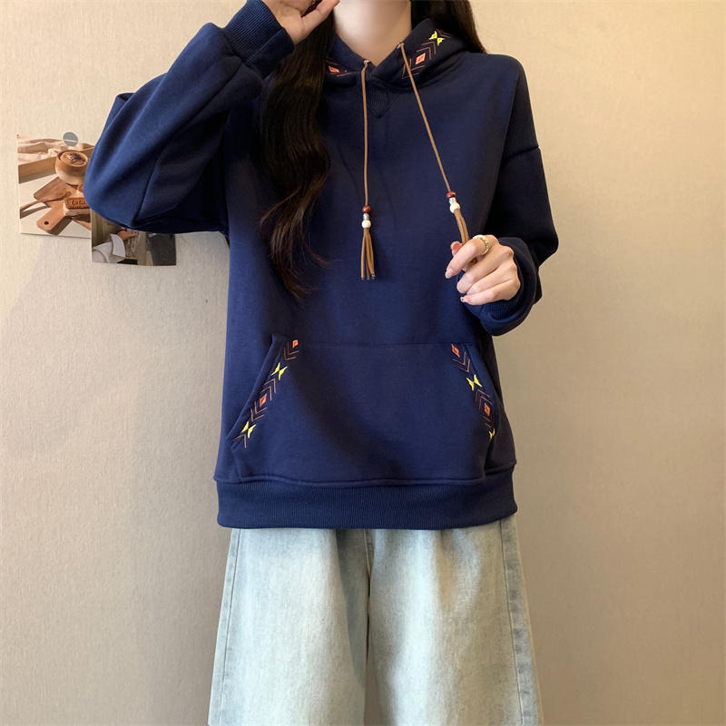 實拍 冬季韓版寬鬆純棉複合連帽民族風設計刺繡大碼加絨衛衣女