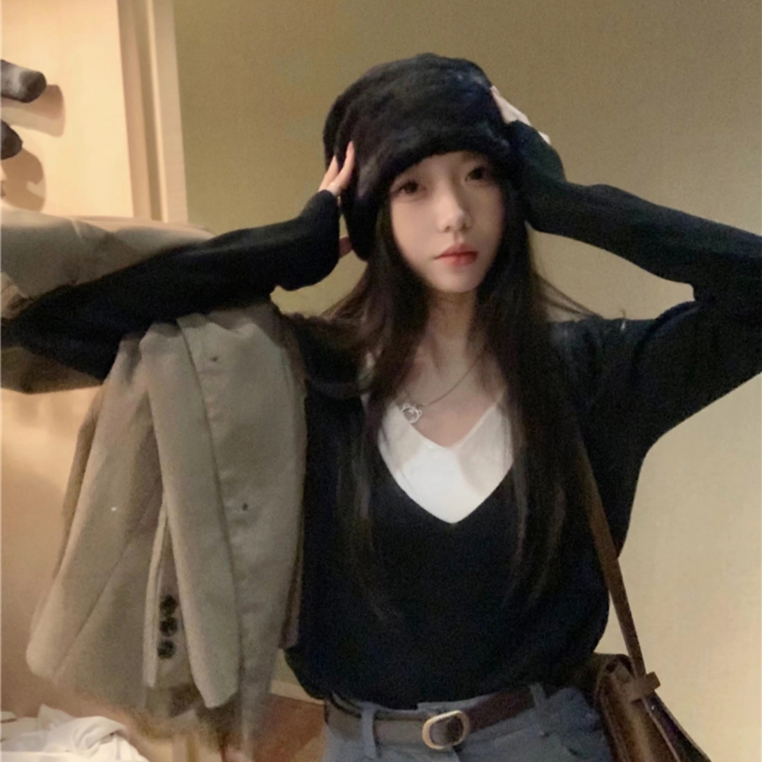 拼接針織衫女早春新款法式氣質慵懶風v領毛衣打底衫寬鬆長袖上衣