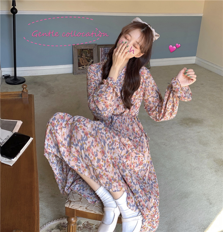 歐美風碎花雪紡連衣裙女秋冬法式姐妹中長款收腰顯瘦綁帶印花裙子