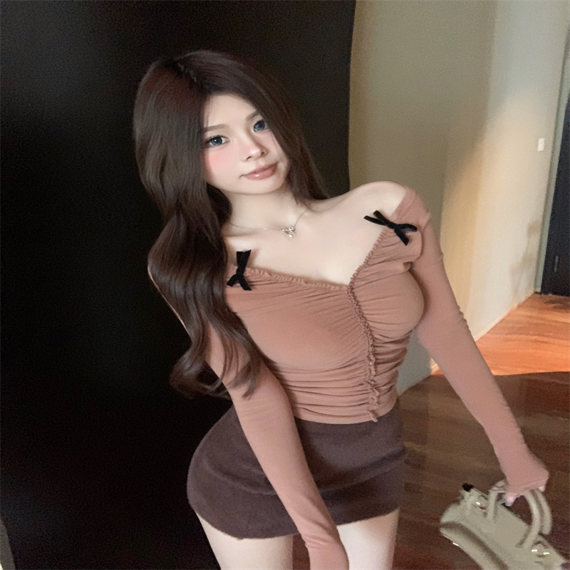 蝴蝶結v領褶皺修身長袖T恤女秋冬2023新款短款內搭純欲風粉色上衣