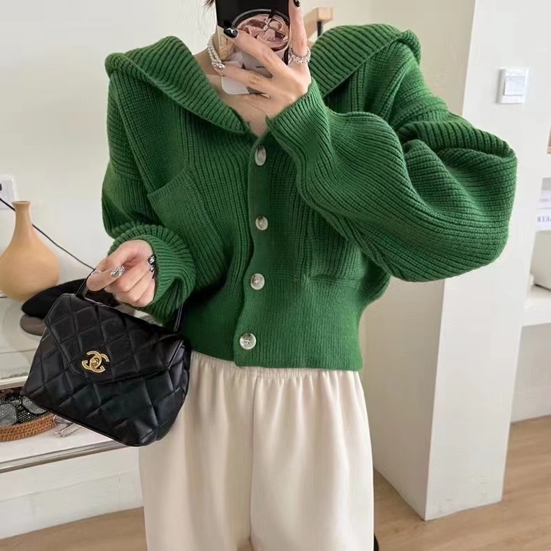 粗棒針春秋外套女新款韓系寬鬆慵懶風小個子短款早春通勤針織開衫
