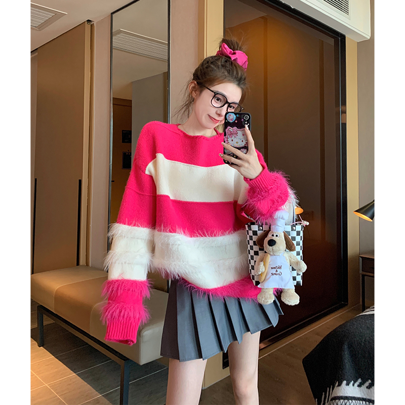 慵懶風撞色條紋毛衣女今年流行打底內搭設計感小眾水貂絨針織上衣