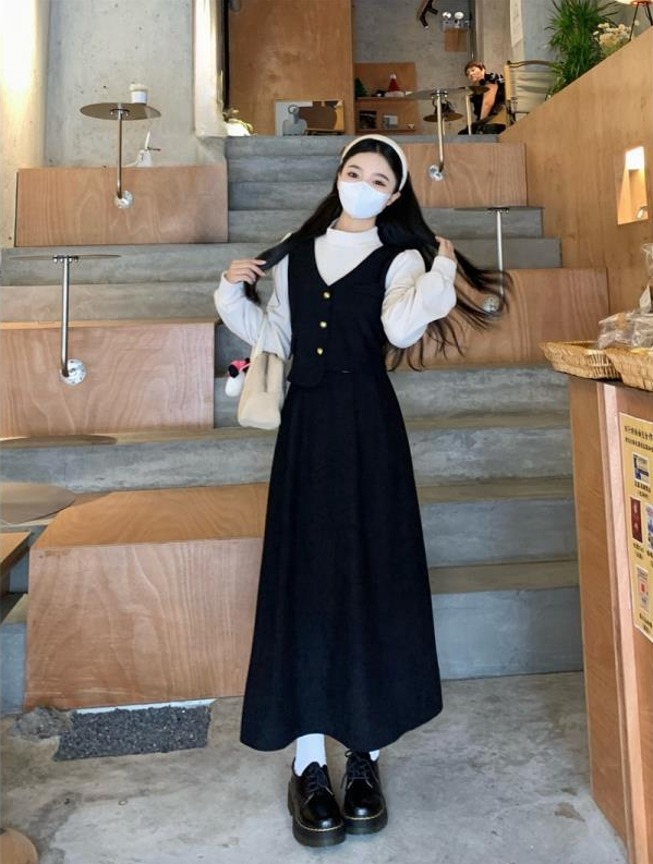 大碼法式假兩件設計感長袖連衣裙女2023新款冬季半高領長裙子
