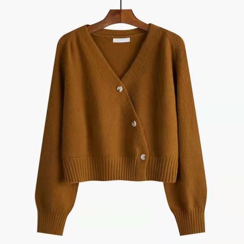V-neck cardigan sweater for women, spring and autumn outer wear design, loose, lazy and chic, niche short knitted top