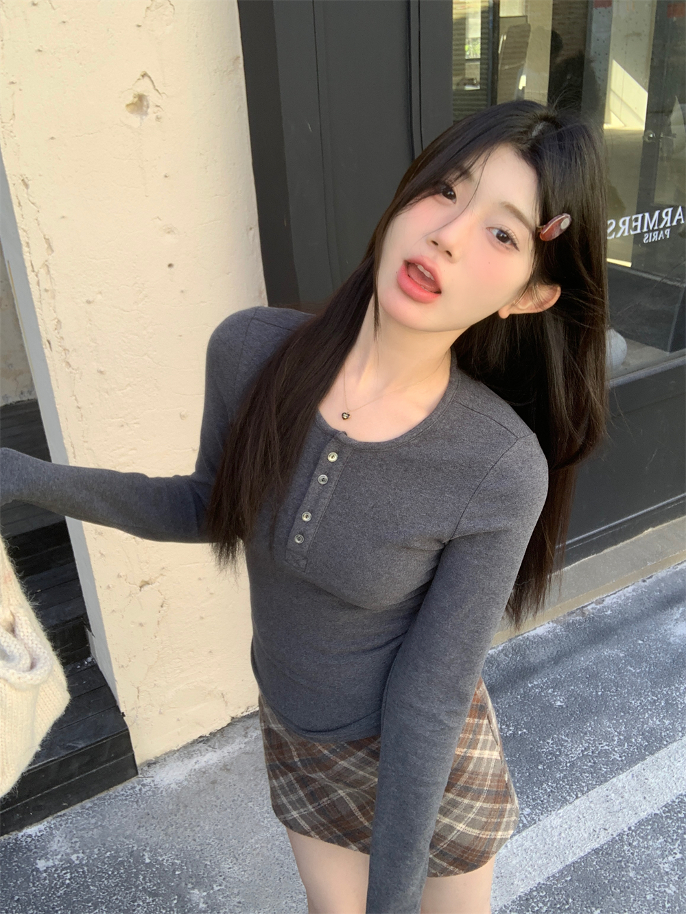 實拍德絨內搭打底衫磨毛軟糯紐扣圓領彈力修身長袖T恤上衣