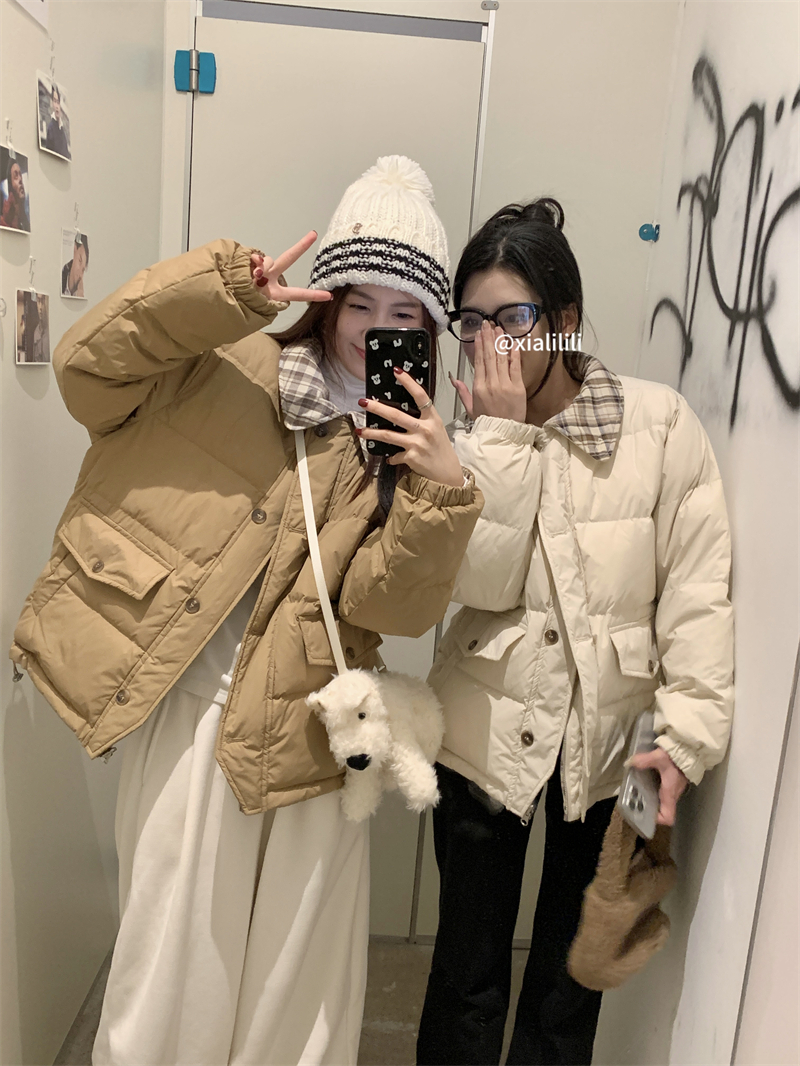 Real shot of a stylish party!  Reversible down jacket women's winter lapel plaid cotton jacket