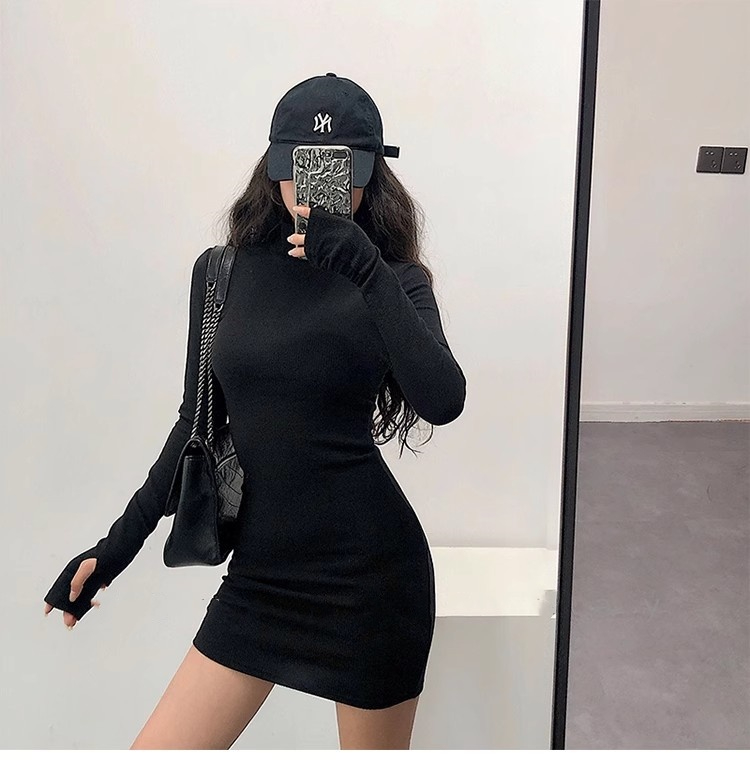 純欲風性感高領緊身顯瘦褶皺長袖打底連衣裙包臀短裙女