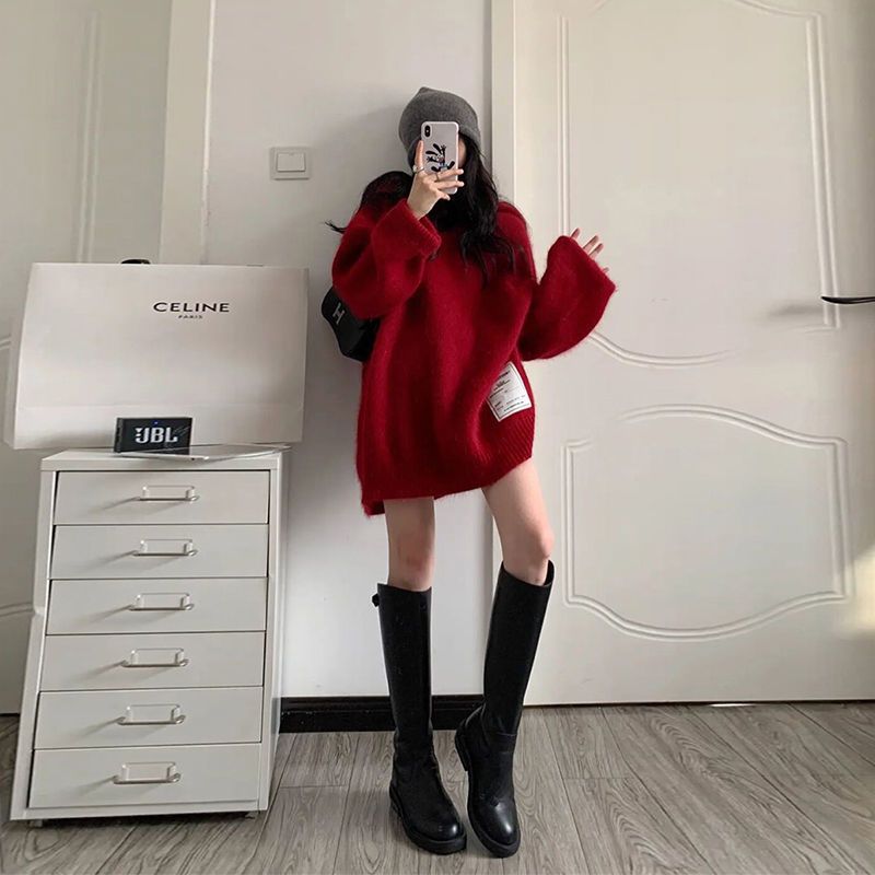 冬季23年新款韓系連帽外套加厚聖誕紅色毛衣女秋冬慵懶風中長款
