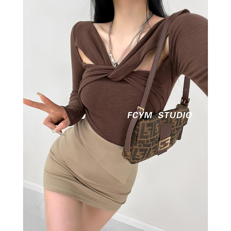 Official picture 6535 stretch cotton retro letter design waist long-sleeved T-shirt autumn new sweet and cool style