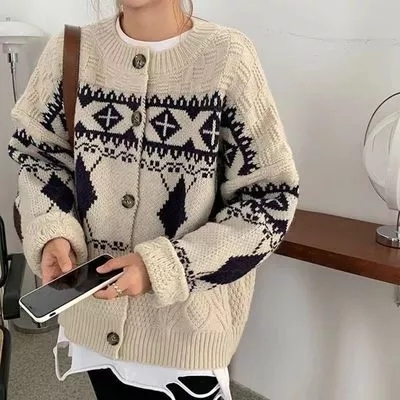 優質 秋冬韓國chic復古菱形格提花單排扣毛衣慵懶風針織開衫