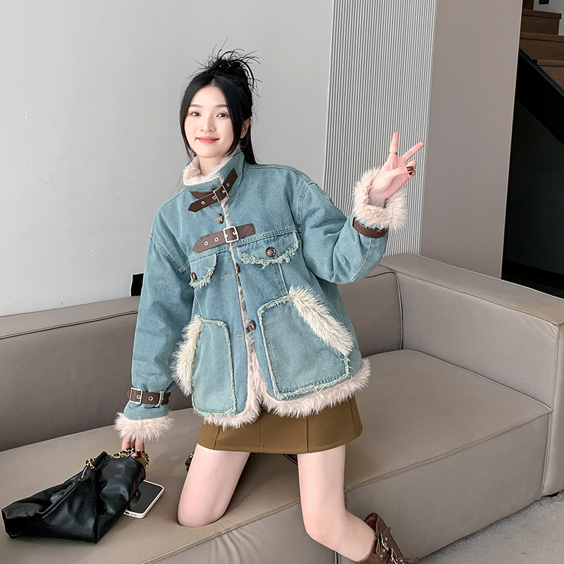 Real shot~Padding and velvet thickened denim woolen cotton-padded jacket for women 2023 new winter cotton-padded jacket