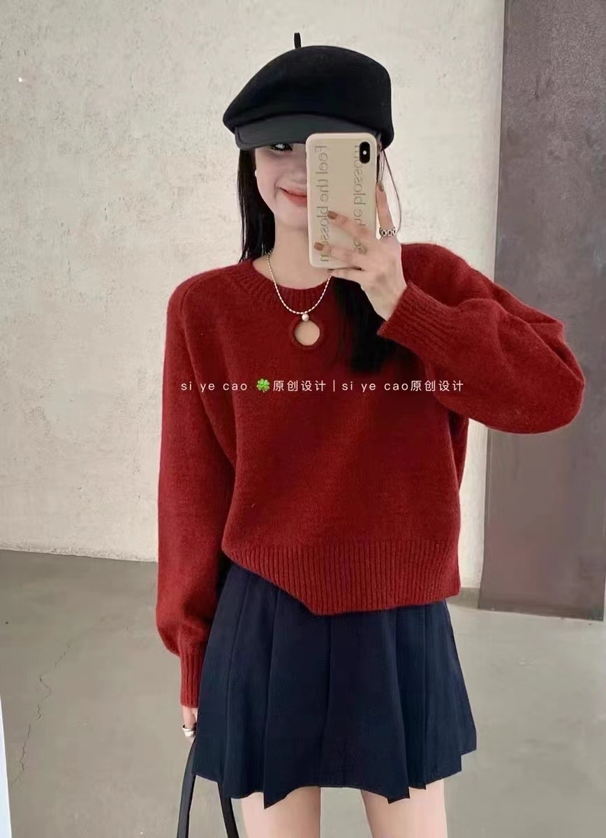 韓版設計感小心機鏤空加厚針織毛衣女2023秋冬寬鬆休閒顯瘦上衣