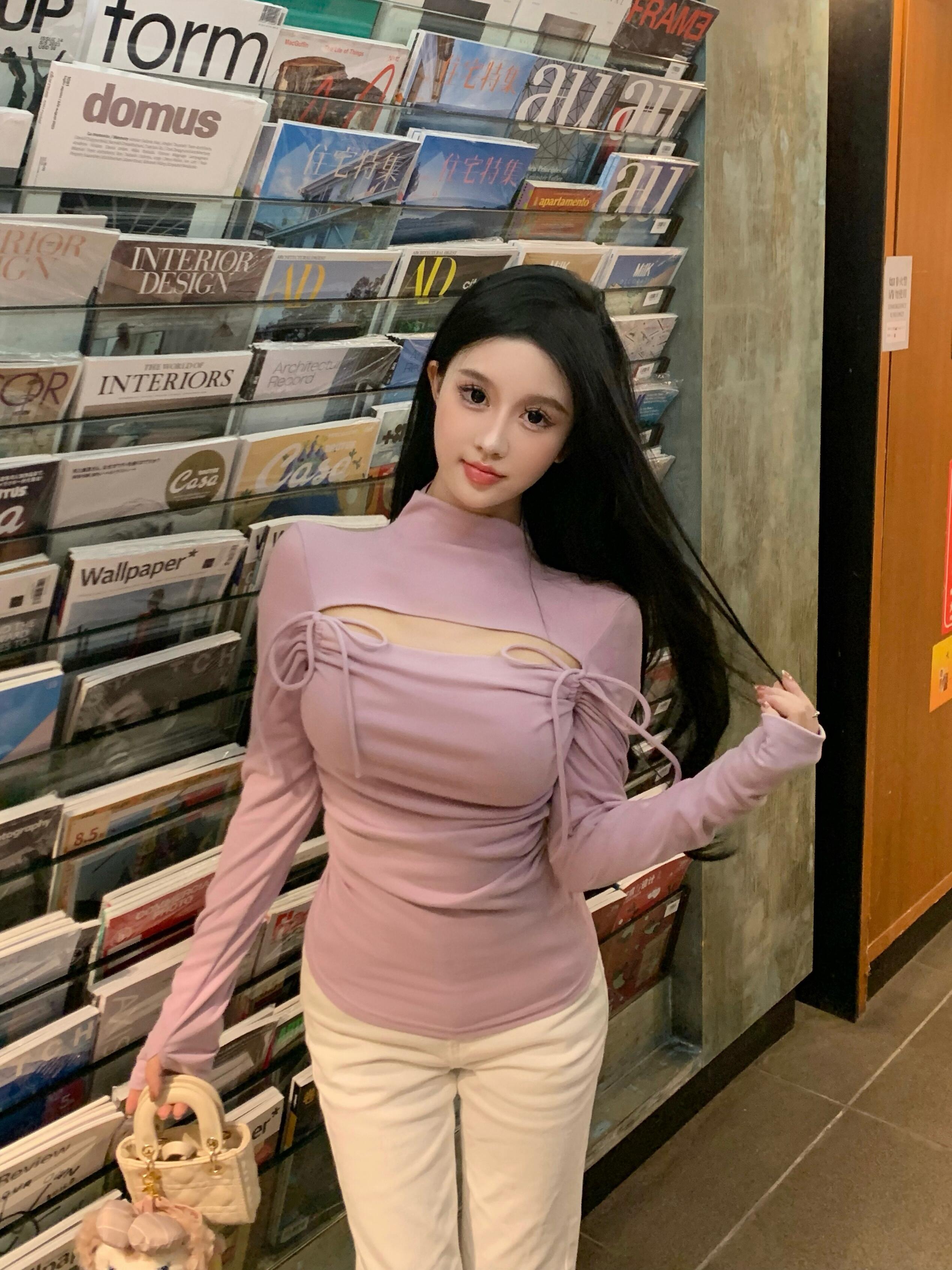 Real shot of autumn and winter new design drawstring hollow double-sided Australian velvet pleated slim slimming bottoming top