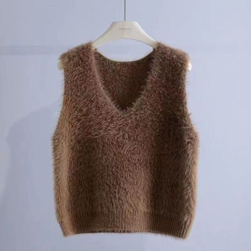 Retro style imitation mink velvet sweater women's vest new style  spring and autumn loose V-neck sleeveless knitted vest thick