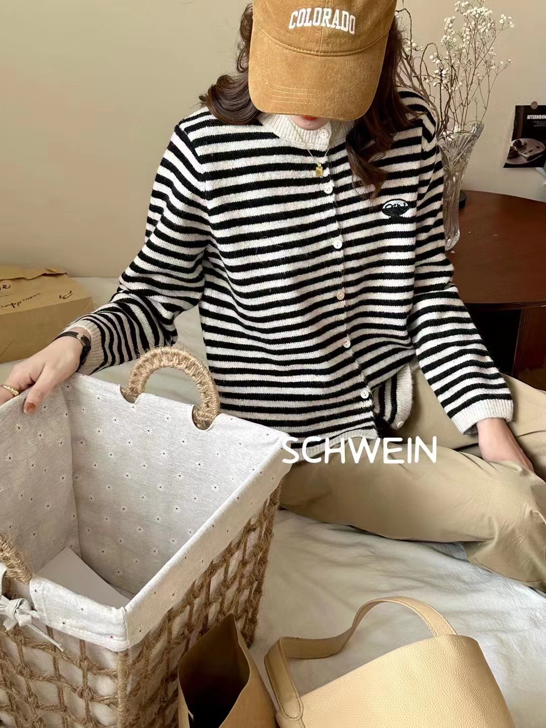 BB Home Korean style classic striped color matching for home and outdoor wear sisters outfit four colors optional wool sweater H type