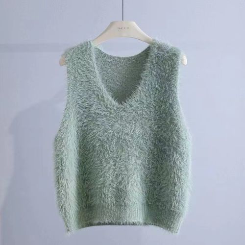 Retro style imitation mink velvet sweater women's vest new style  spring and autumn loose V-neck sleeveless knitted vest thick