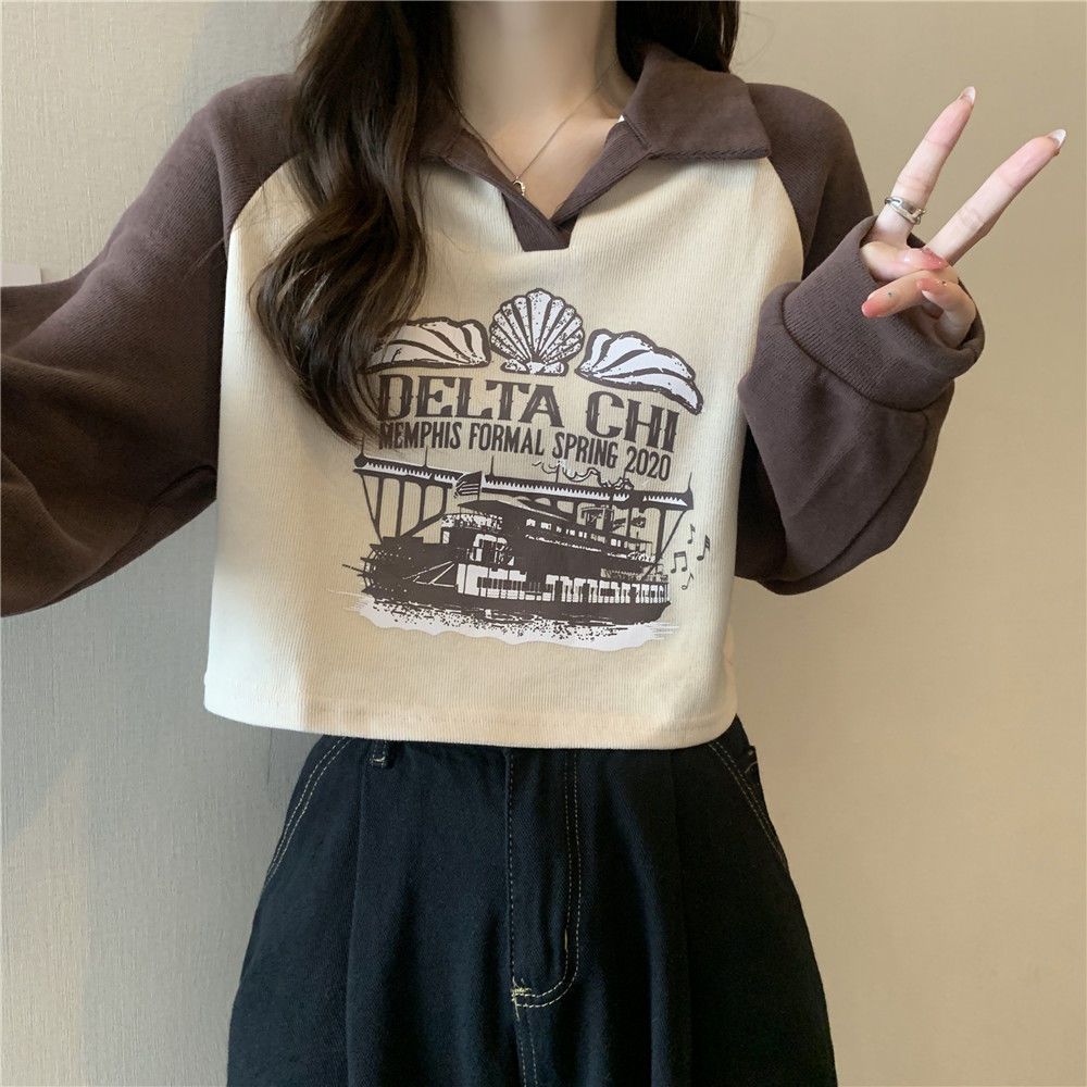 美式復古領杏色短款衛衣女年秋季新款長袖寬鬆小個子上衣