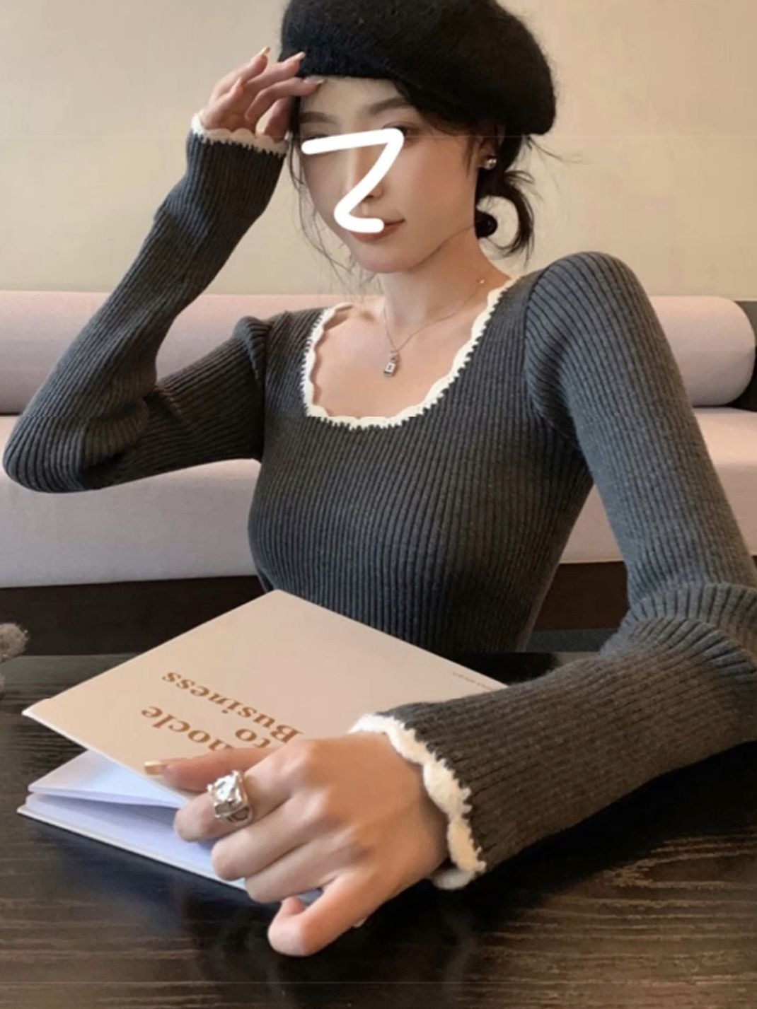 法式小香風木耳邊針織打底衫女秋冬裝高級感毛衣內搭別致短款上衣