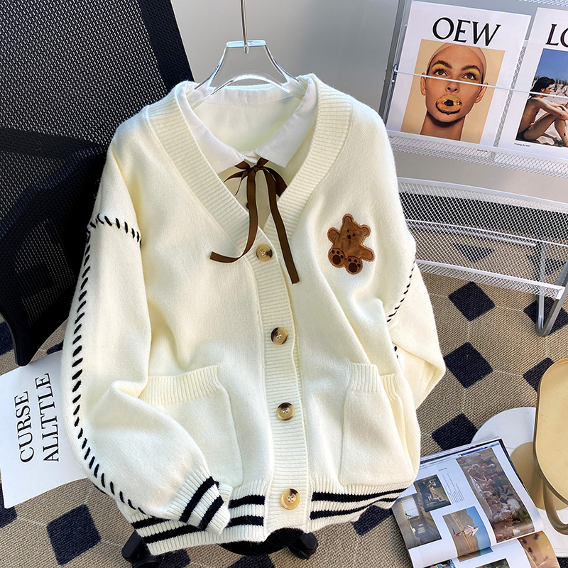 小熊毛衣開衫女外套早春秋新款女裝衣服寬鬆溫柔秋冬季針織上衣