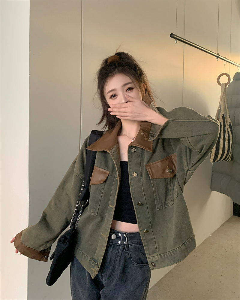 Real shot of American retro workwear style denim jacket, sweet and cool hot girl contrasting top