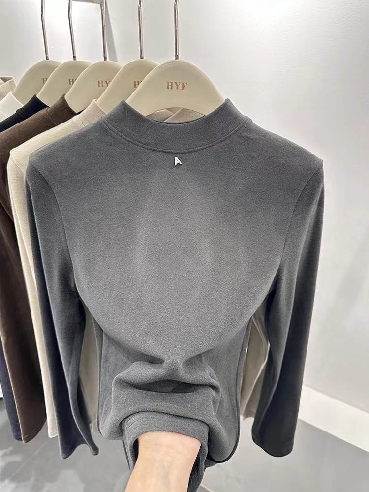 Silk cotton double-sided velvet cashmere double-sided brushed soft bottoming shirt decorated with half turtleneck for trendy inner wear