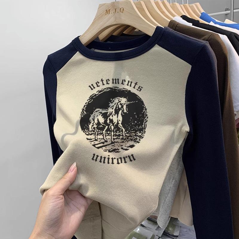 This autumn and winter new style right shoulder long-sleeved T-shirt women's thickened bottoming shirt color-blocked raglan printed round neck warm top ttu