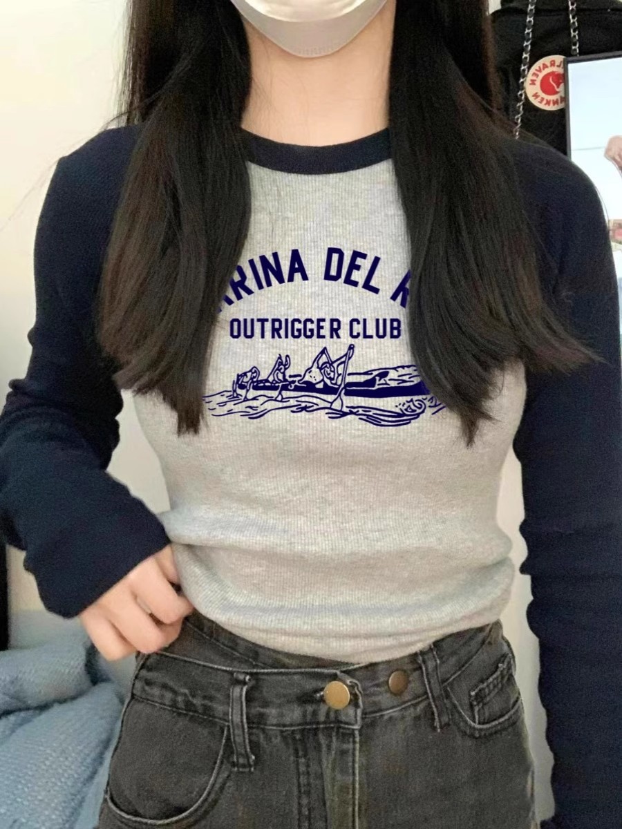 1*1純棉包領美式復古撞色插肩長袖t恤甜酷辣妹顯瘦短款上衣
