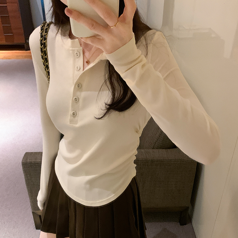 實拍圖抽褶排扣打底衫女2023新款螺紋百搭上衣設計感小眾長袖t恤