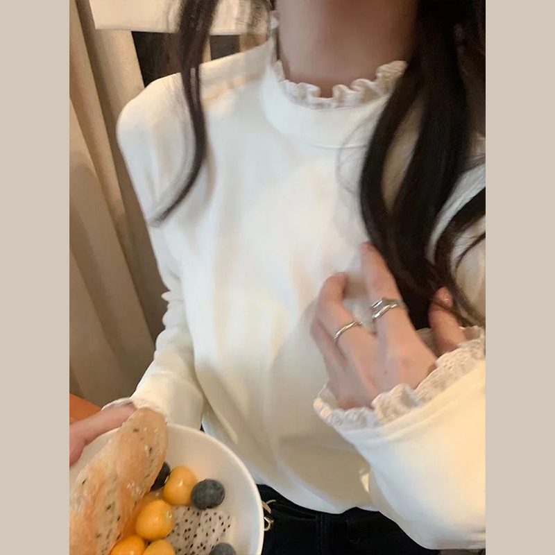 白色設計感蕾絲花邊t恤內搭打底衫女2023秋冬新款半高領長袖上衣