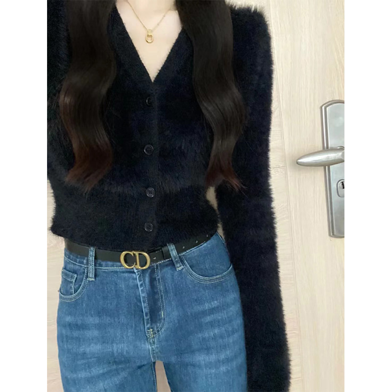 黑色v領水貂絨毛衣外套女秋冬季軟糯高級感打底短款針織開衫外穿